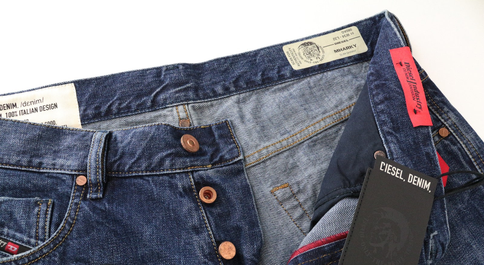 DIESEL Mharky 080AG W34/L32 vyriški džinsai su sagomis ir ploni mėlyni medvilniniai aptempti džinsai 