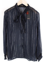 MAISON SCOTCH Women Shirt M Navy Striped Glittered Collared Bow-Tied Ruffled