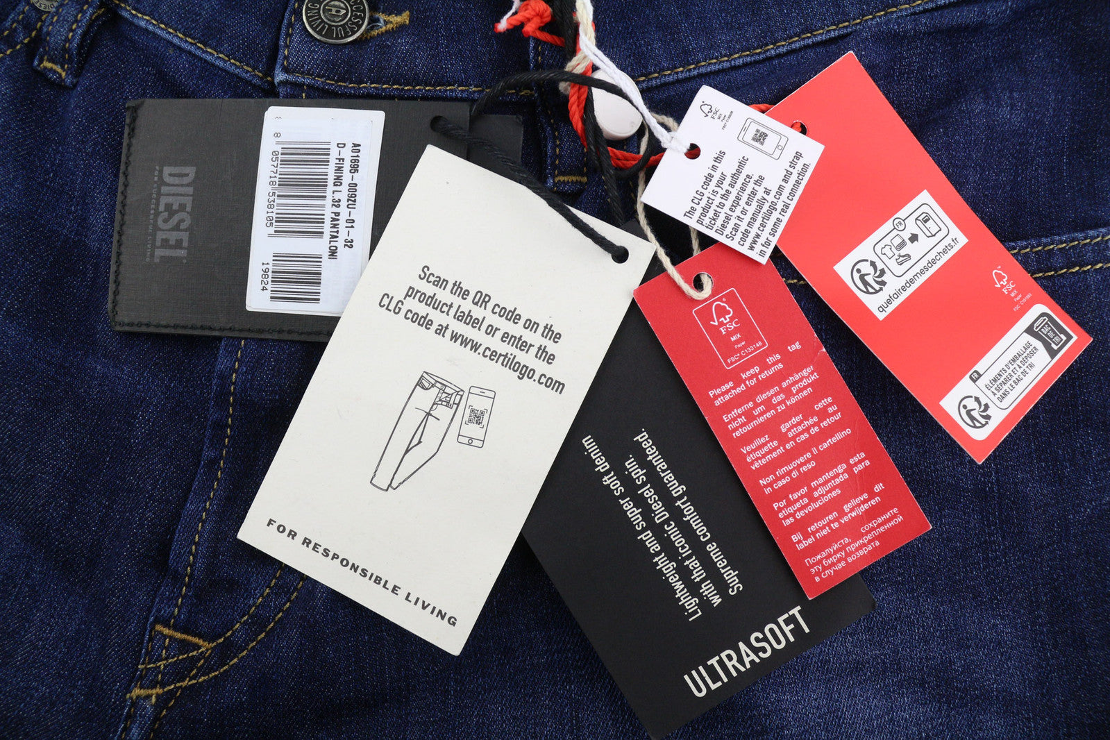 DIESEL D-Fining 009ZU vyriški džinsai W32/L32 siaurėjantys, tamprūs, skalbto džinso mėlyni 