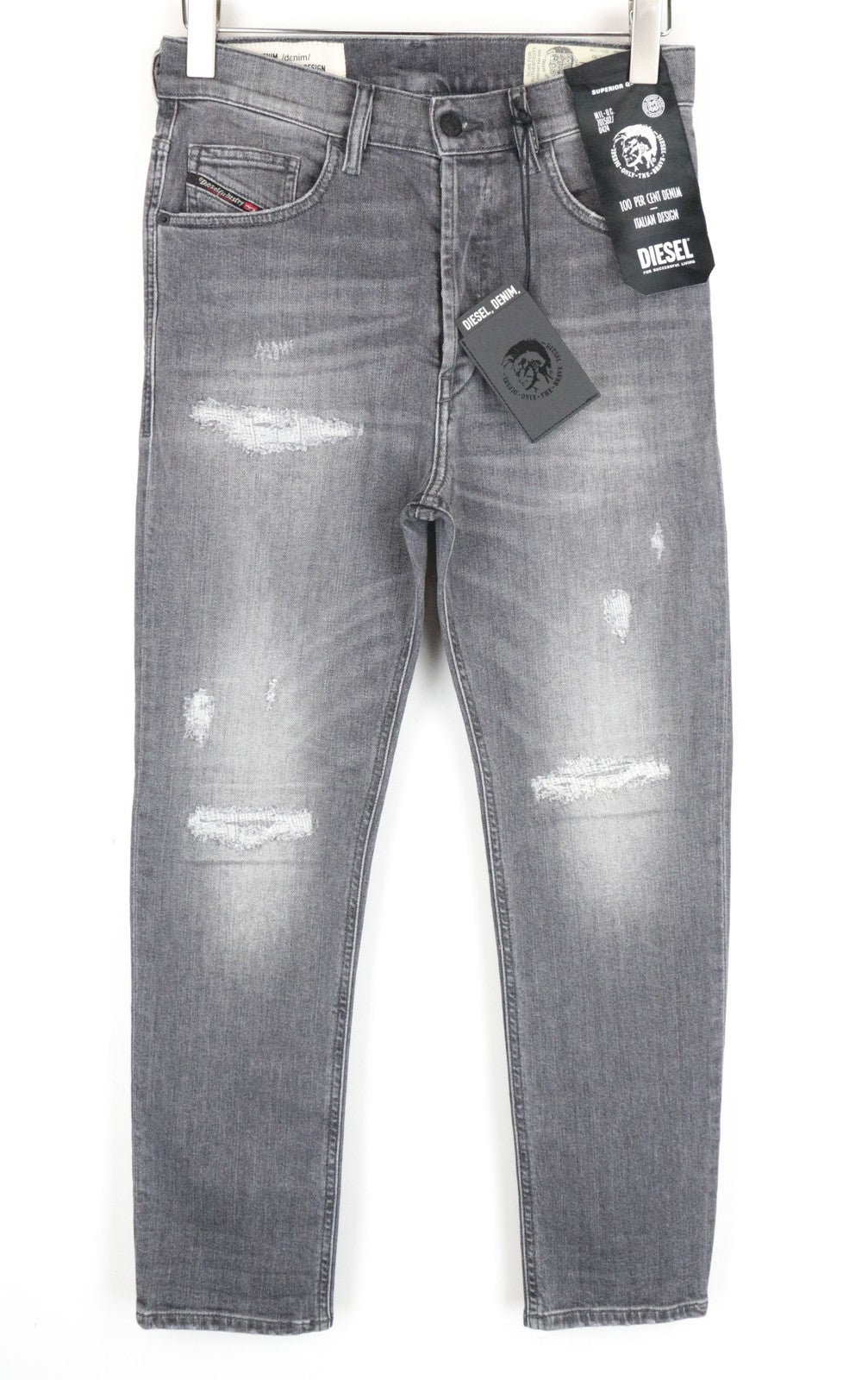 DIESEL D-Eetar 0890F W28/L30 plėšyti pilki siaurėjantys vyriški džinsai iš tamprios medvilnės 