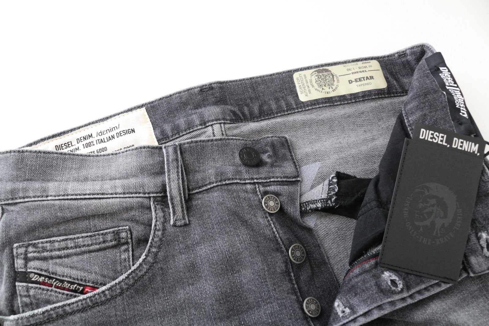 DIESEL D-Eetar 0890F W28/L30 plėšyti pilki siaurėjantys vyriški džinsai iš tamprios medvilnės 