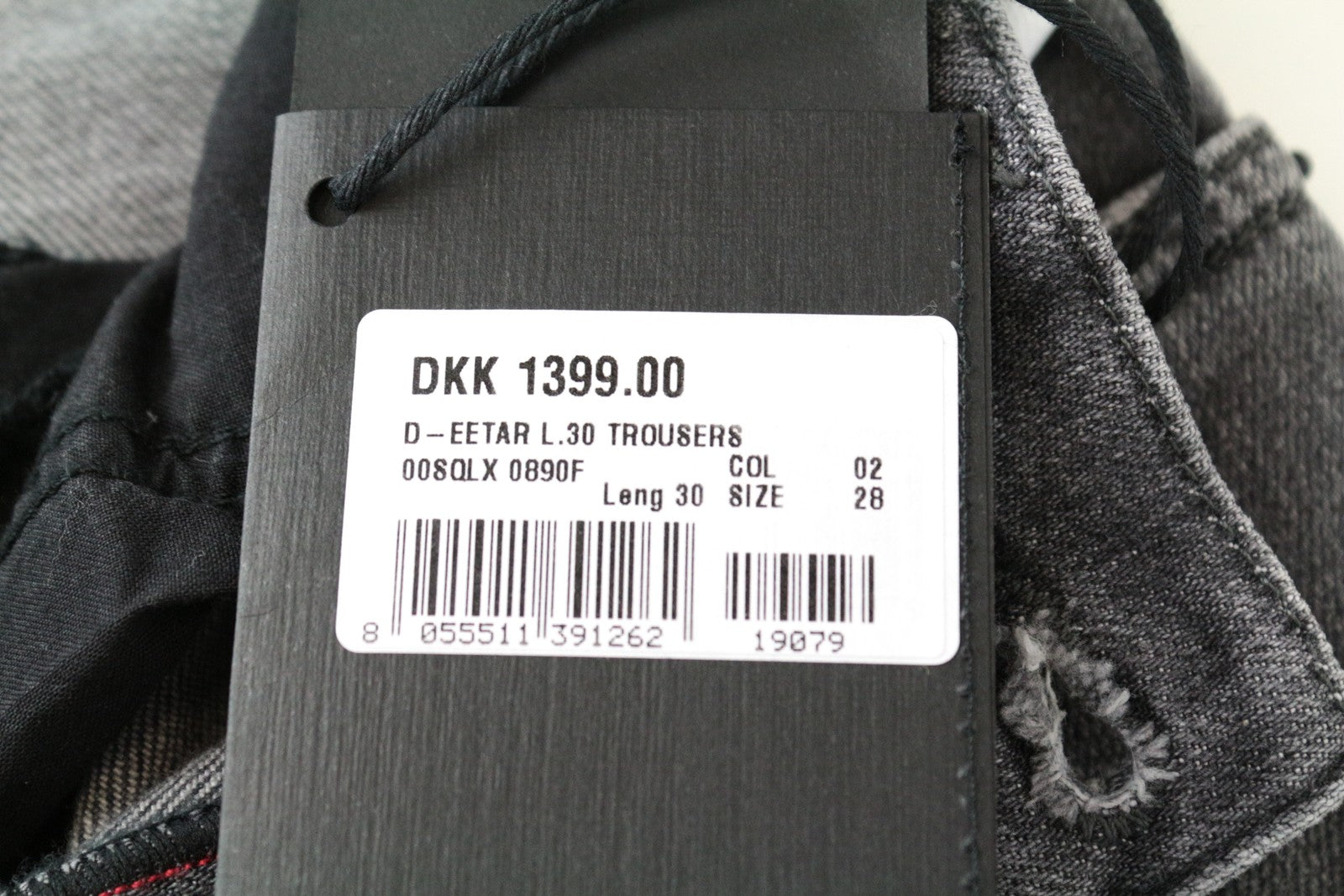 DIESEL D-Eetar 0890F W28/L30 plėšyti pilki siaurėjantys vyriški džinsai iš tamprios medvilnės 