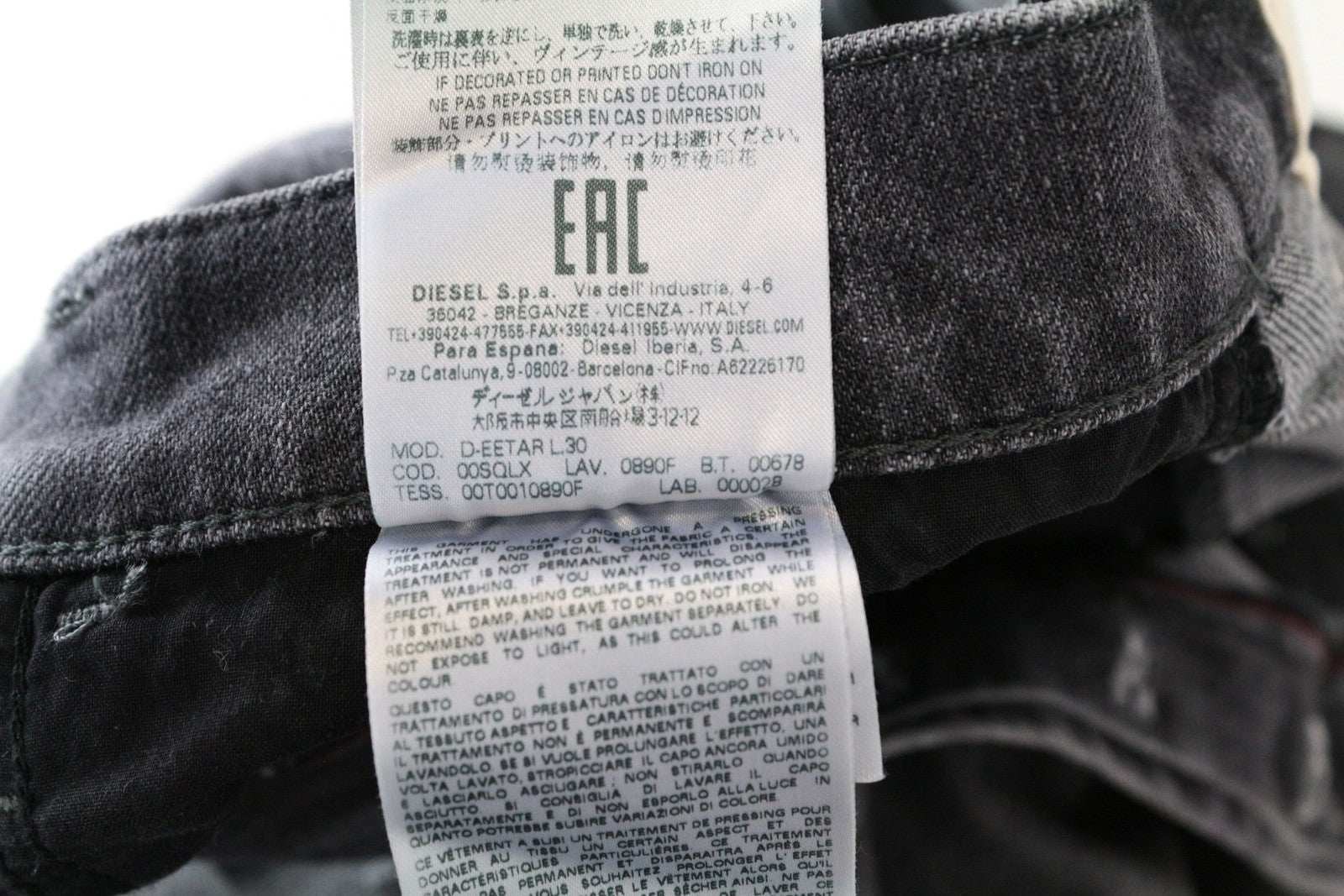 DIESEL D-Eetar 0890F W28/L30 plėšyti pilki siaurėjantys vyriški džinsai iš tamprios medvilnės 