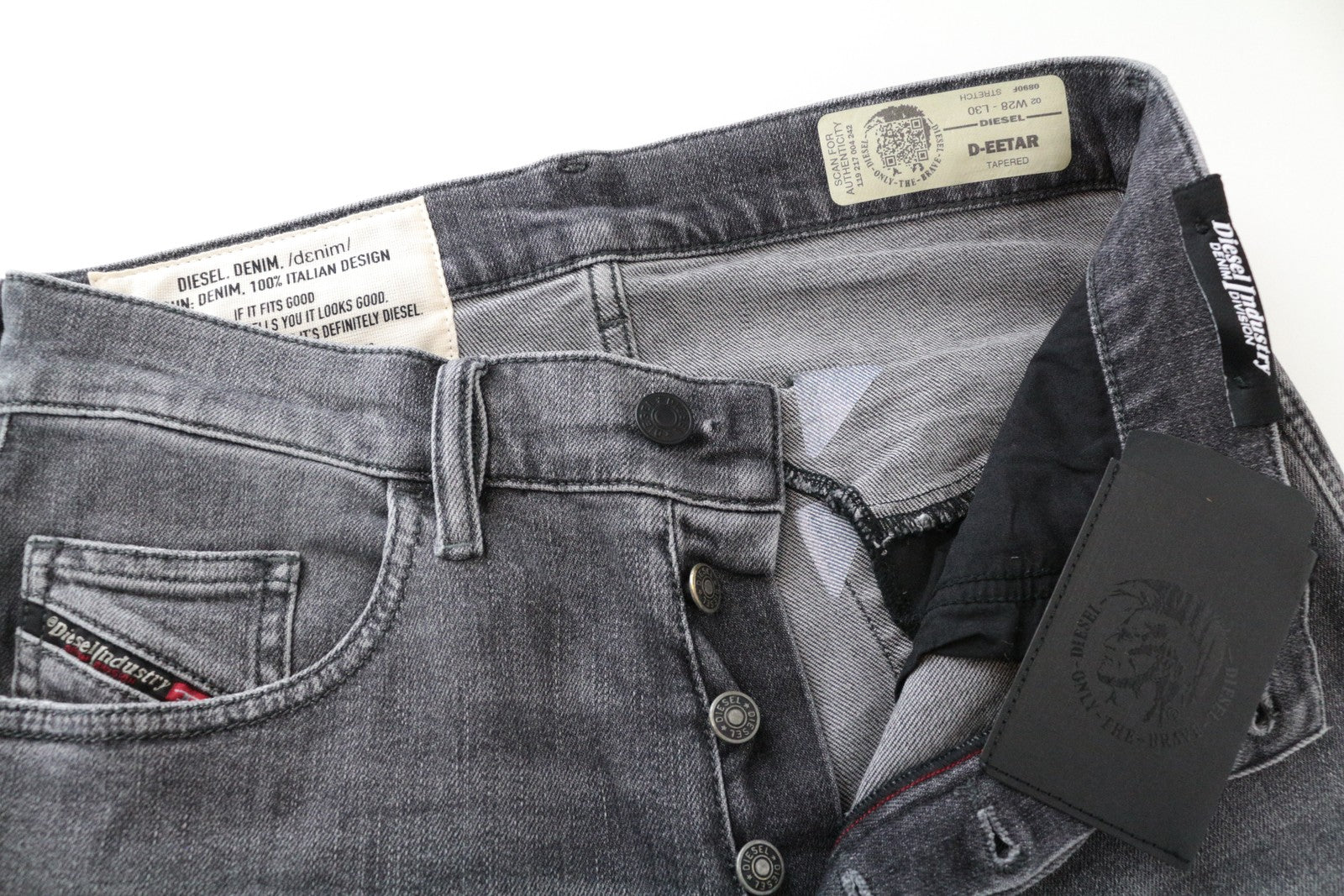 DIESEL D-Eetar 0890F pilki džinsai su dirbtiniais raštais, W28/L30, siaurėjančio kirpimo, medvilniniai, vyriški džinsai. 