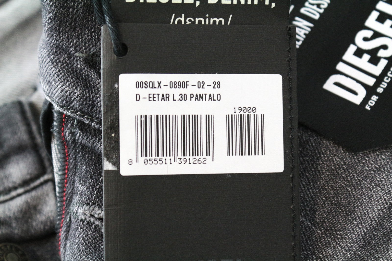 DIESEL D-Eetar 0890F pilki džinsai su dirbtiniais raštais, W28/L30, siaurėjančio kirpimo, medvilniniai, vyriški džinsai. 