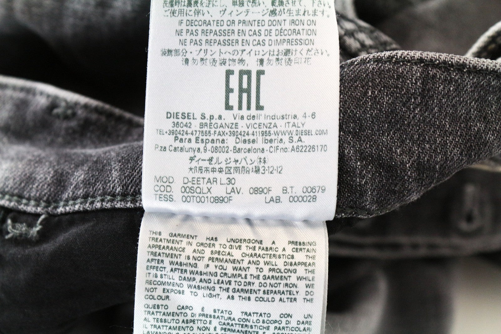 DIESEL D-Eetar 0890F pilki džinsai su dirbtiniais raštais, W28/L30, siaurėjančio kirpimo, medvilniniai, vyriški džinsai. 