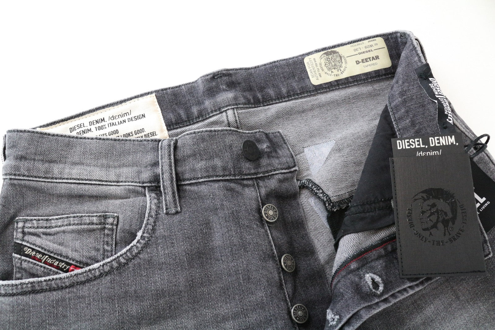 DIESEL D-Eetar 0890F W29/L30 skalbti plėšyti pilki siaurėjantys džinsai iš tamprios medvilnės vyrams 