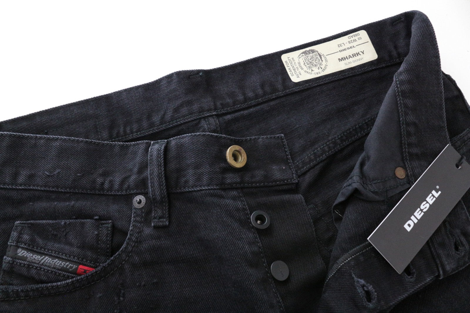 DIESEL Mharky 088AD juodi dirbtinės medvilnės džinsai, W28/L32, aptempti vyriški 
