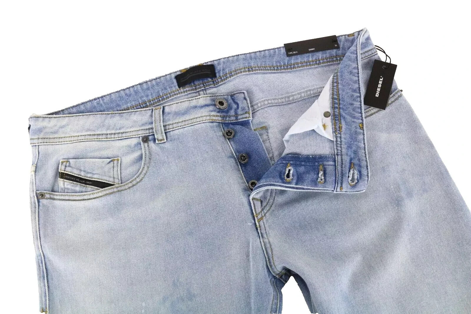 DIESEL Type-2814 BG8G3 juodos ir auksinės spalvos vyriški džinsai W36 aptempti šviesiai mėlyni tamprūs 