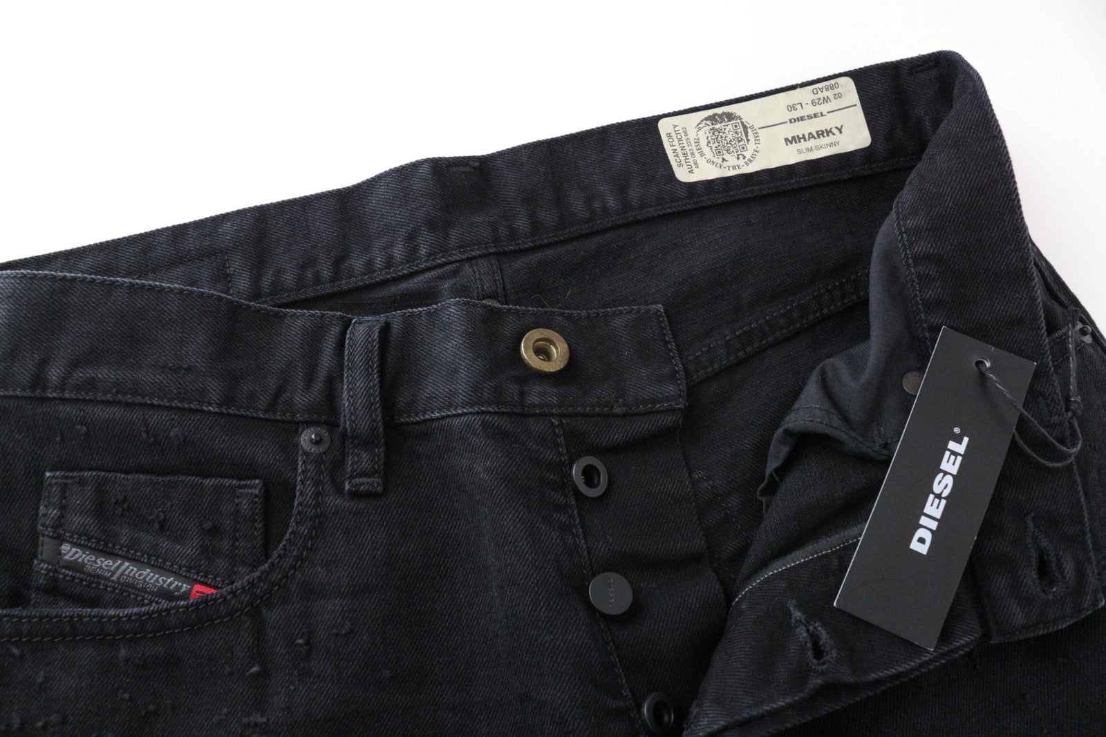 DIESEL Mharky 088AD W29/L30 juodi plėšyti vyriški džinsai iš medvilninio kirpimo, aptempti džinsai 