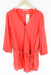 TOM TAILOR Women Blouse 48 Coral Red Wrap V-Neck Belted 3/4 Sleeve Lightweight