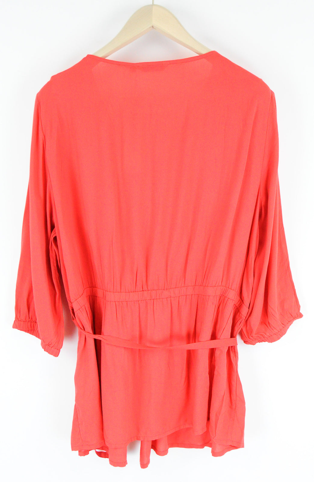 TOM TAILOR Women Blouse 48 Coral Red Wrap V-Neck Belted 3/4 Sleeve Lightweight