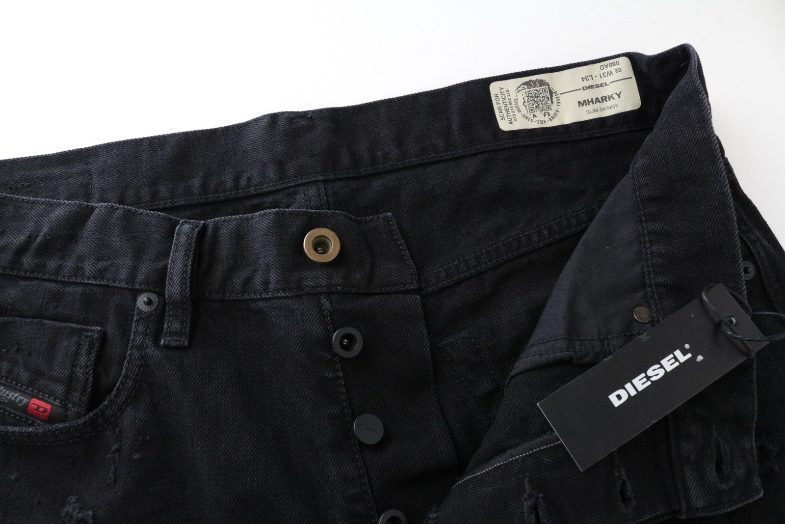 DIESEL Mharky 088AD W31/L34 juodi aptempti vyriški džinsai su sagomis, medvilninio stiliaus 