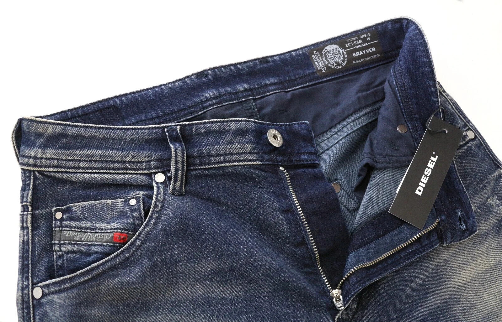 DIESEL Krayver R78U6 vyriški džinsai W28/L32 Slim morkų mėlynos spalvos, tamprūs, skalbti 