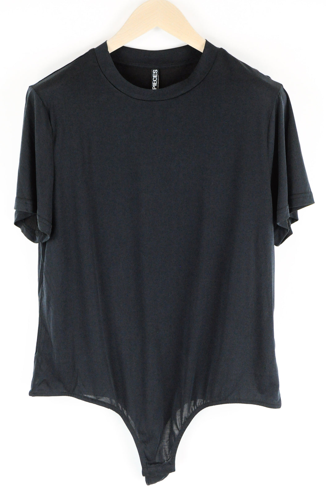 PIECES Women T-Shirt L Black Short Sleeved Bodystocking Curve Fit Round Neck