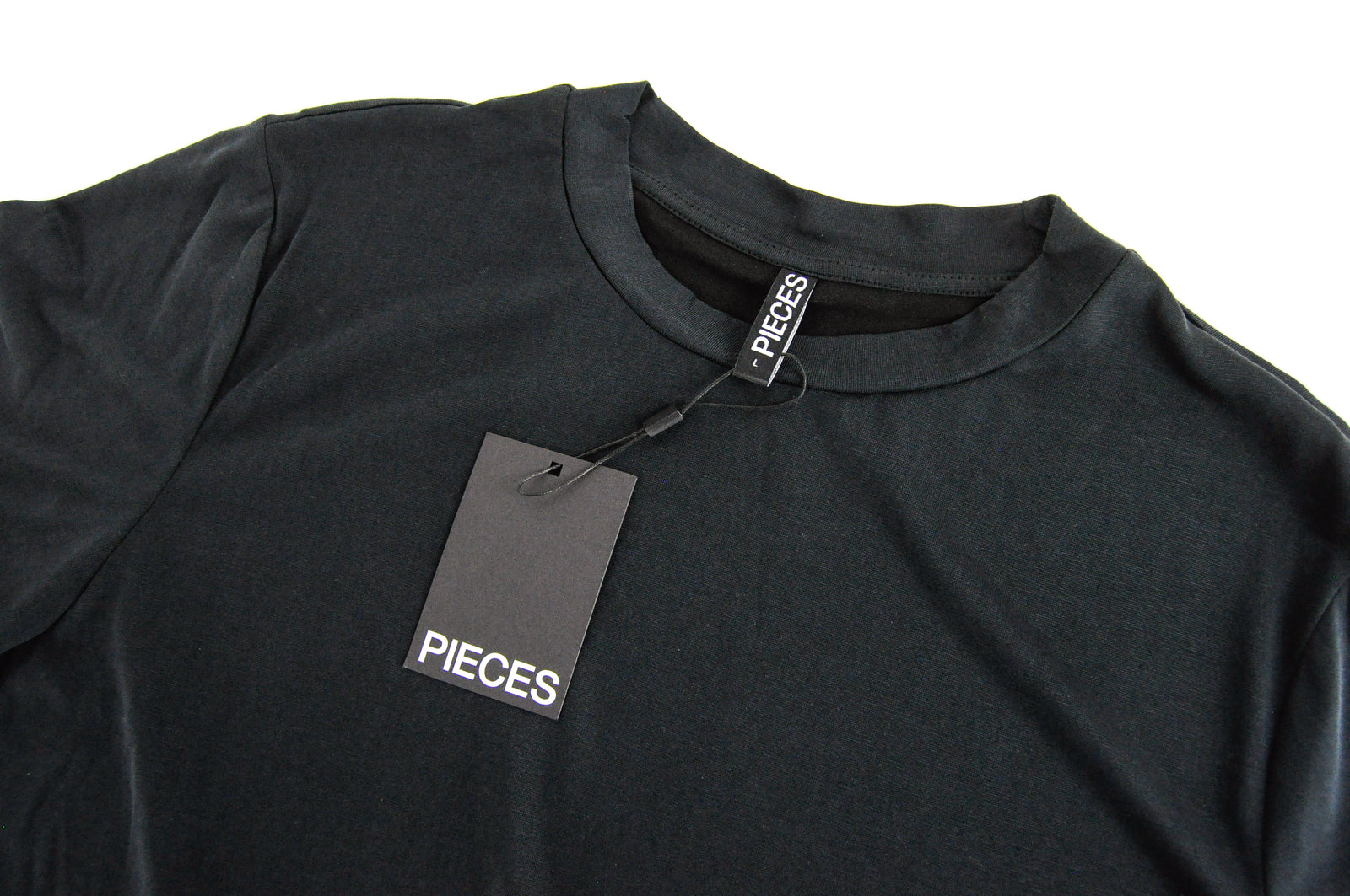 PIECES Women T-Shirt L Black Short Sleeved Bodystocking Curve Fit Round Neck