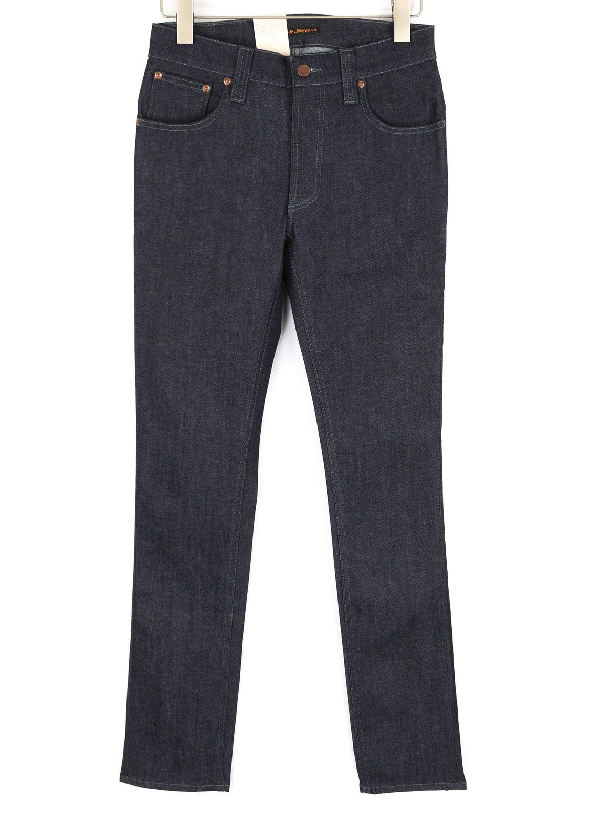 NUDIE Thin Finn vyriški džinsai W30/L34 Organic Dry tamsiai mėlyni su užtrauktuku ir tamsaus logotipo užsegimu 