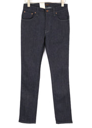 NUDIE Thin Finn vyriški džinsai W30/L34 Organic Dry tamsiai mėlyni su užtrauktuku ir tamsaus logotipo užsegimu 