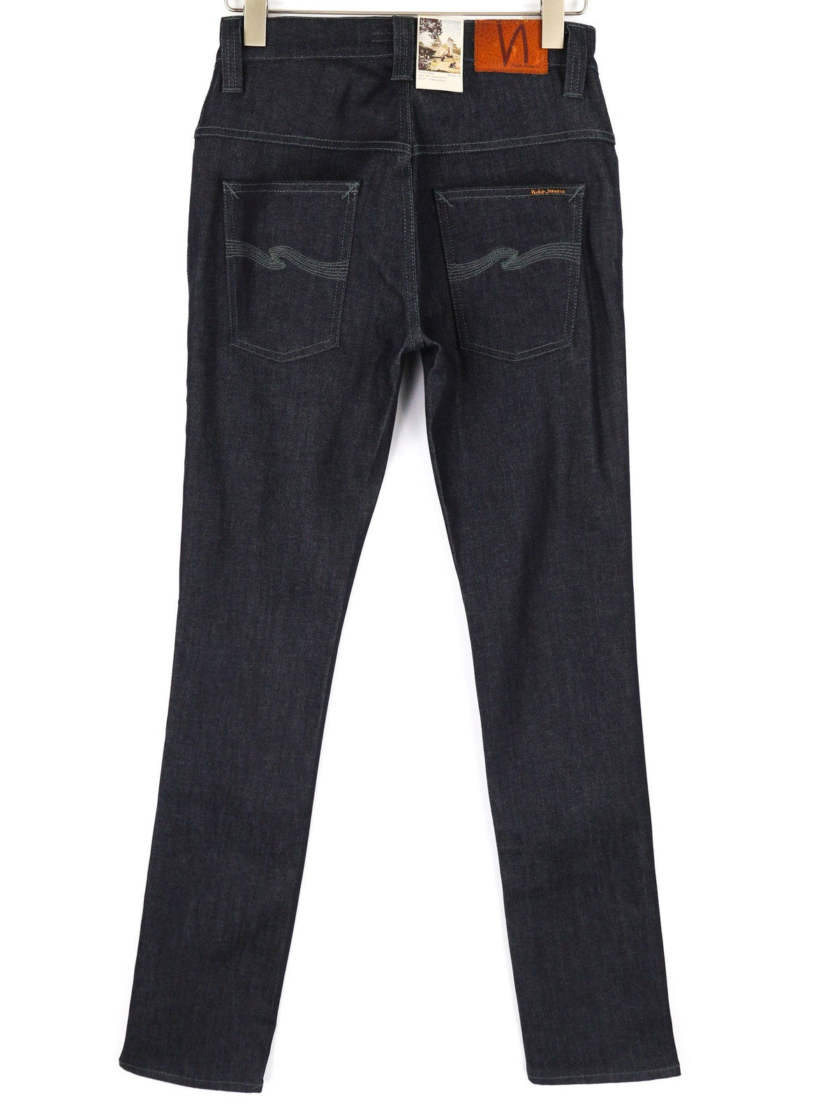 NUDIE Thin Finn vyriški džinsai W30/L34 Organic Dry tamsiai mėlyni su užtrauktuku ir tamsaus logotipo užsegimu 