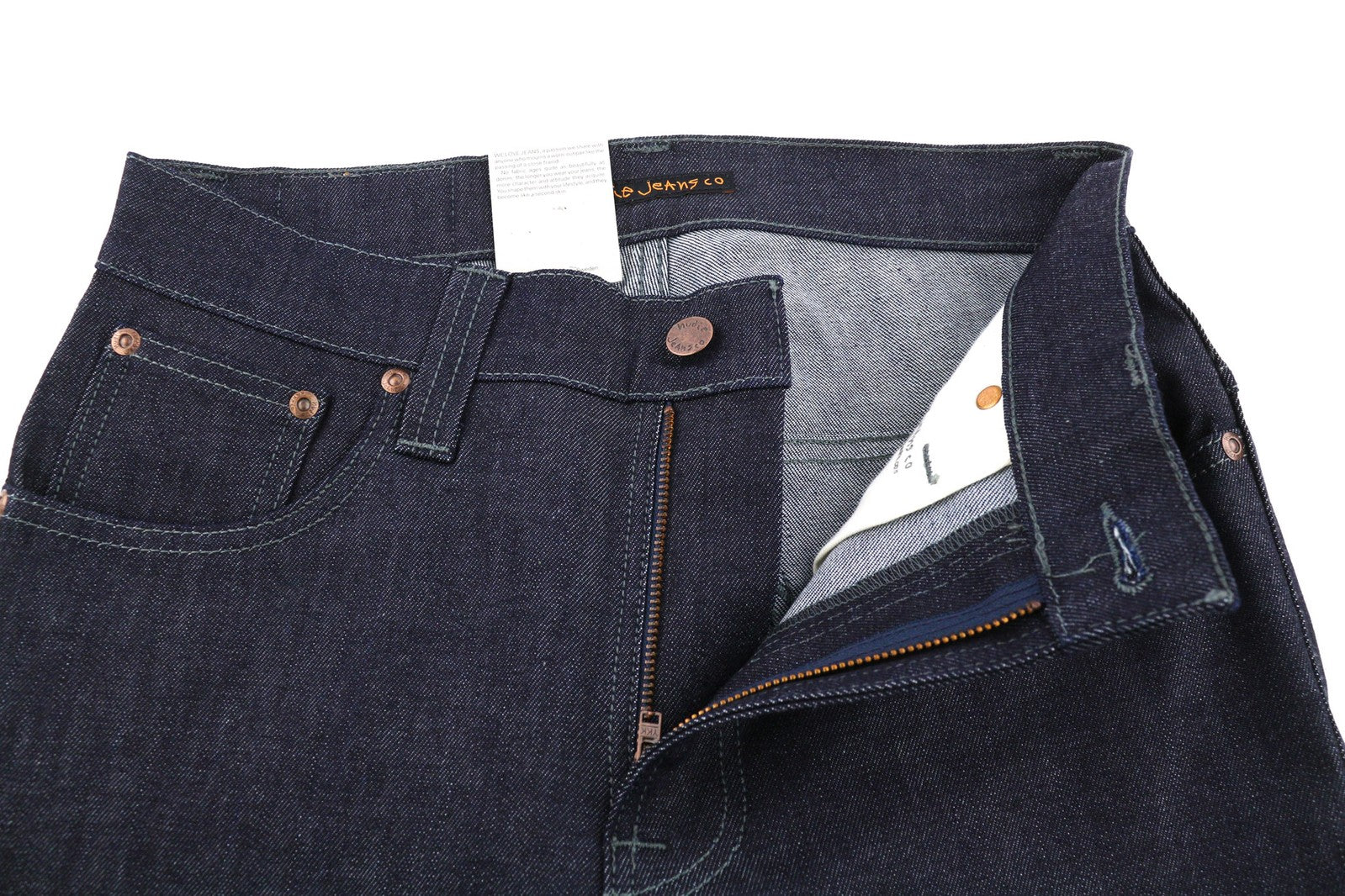 NUDIE Thin Finn vyriški džinsai W30/L34 Organic Dry tamsiai mėlyni su užtrauktuku ir tamsaus logotipo užsegimu 