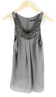 MASSIMO DUTTI Women Top S Sleeveless Round Neck Lightweight Pure Silk Gem Detail