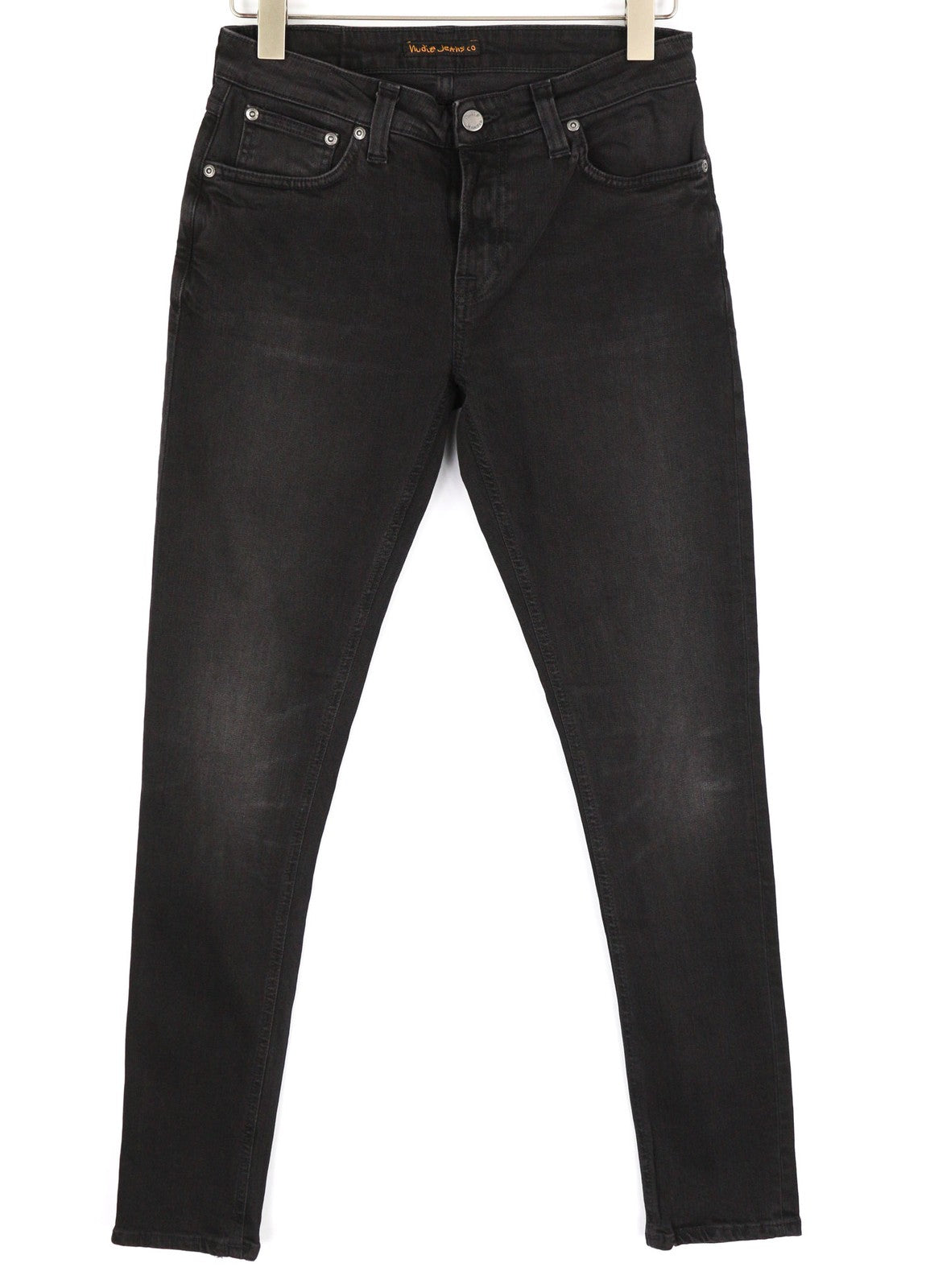 NUDIE Skinny Lin Men Jeans W30/L32 Used Black Organic Washed Zip Fly Logo Dark