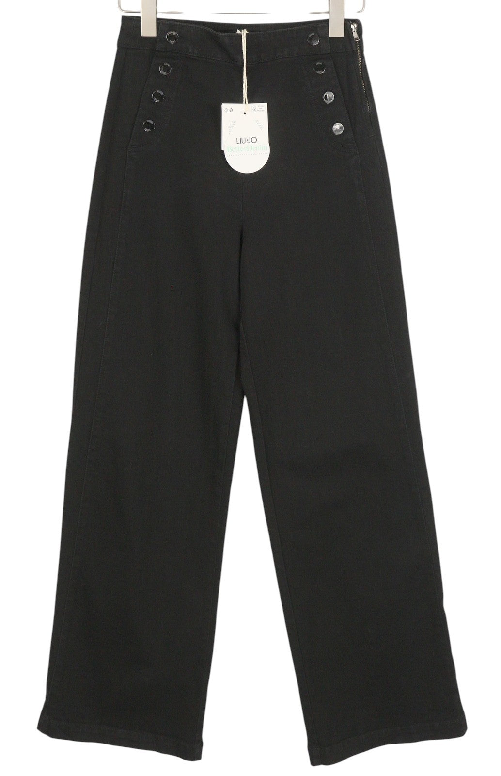 LIU JO Lungo moteriški džinsai W28 aukštu juosmeniu, plačiomis klešnėmis, užtrauktuku, juodi, laisvalaikio stiliaus. 
