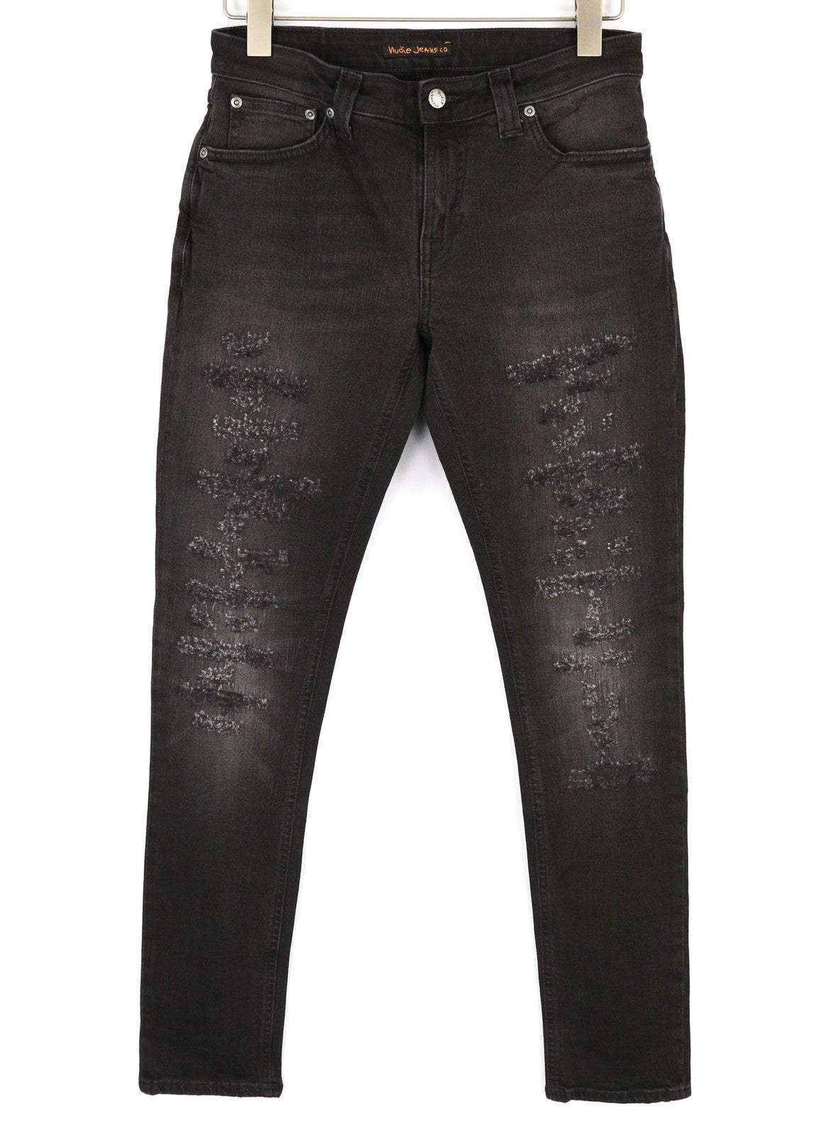 NUDIE Skinny Lin Men Jeans W30/L32 Used Black Organic Ripped Washed Zip Fly Logo