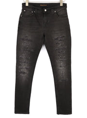 NUDIE Skinny Lin Men Jeans W30/L32 Used Black Organic Ripped Washed Zip Fly Logo