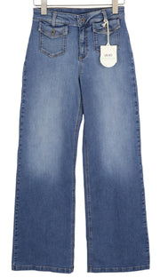 LIU JO Flare Pock moteriški džinsai W28 aukštu juosmeniu, plačių klešnių spalvos, skalbto džinso mėlynumo logotipu 