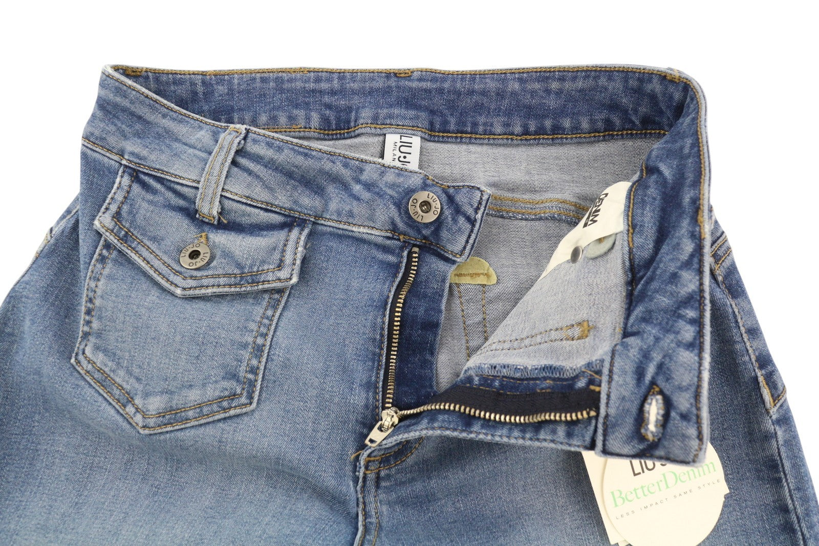 LIU JO Flare Pock moteriški džinsai W28 aukštu juosmeniu, plačių klešnių spalvos, skalbto džinso mėlynumo logotipu 