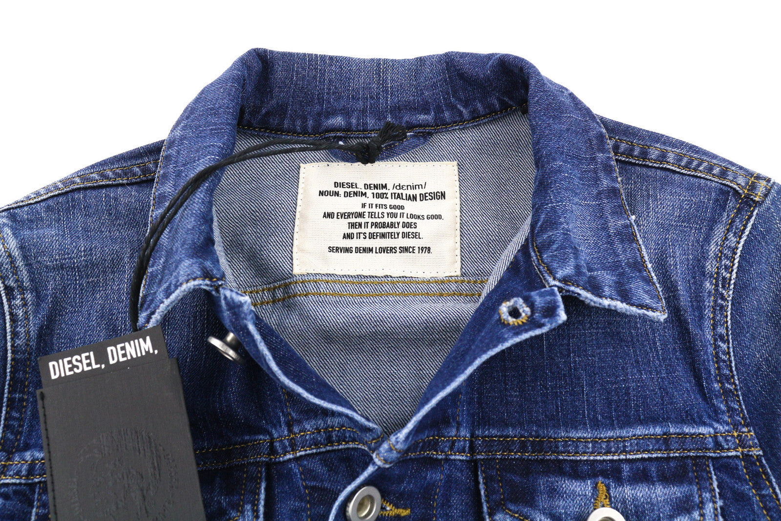 DIESEL De-Limmy moteriška striukė XS, džinso mėlyna, skalbta, su sagomis, plėšyta apykakle 