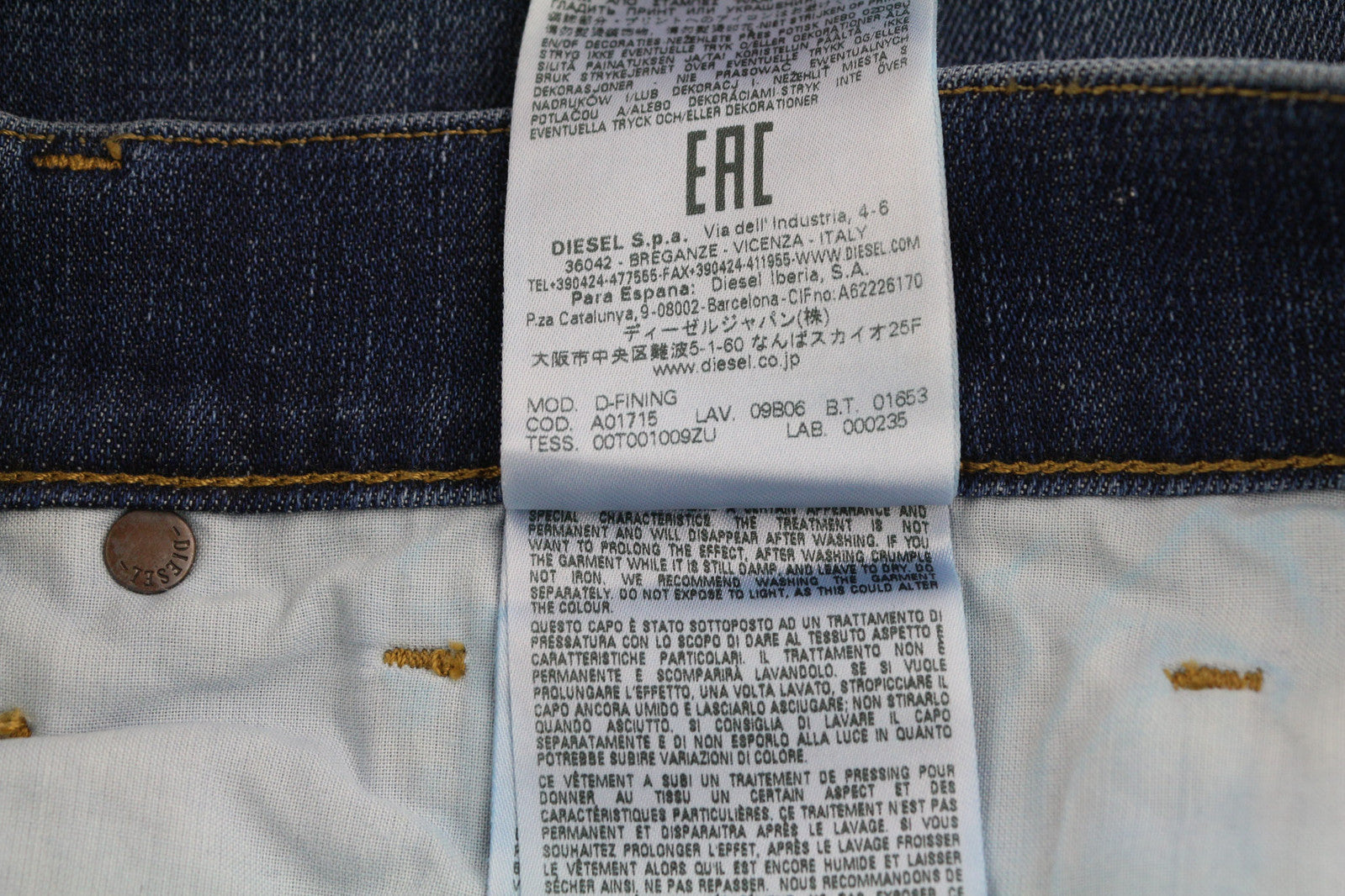 DIESEL D-Fining 09B06 vyriški džinsai W31/L34 siaurėjantys, tamprūs, su sagomis, skalbti džinsai