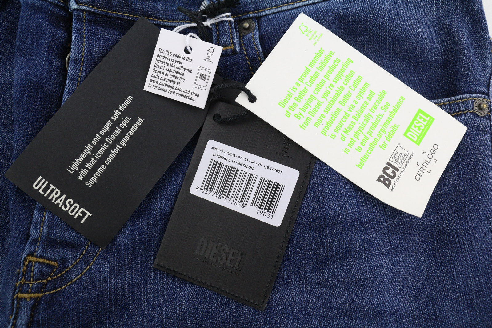 DIESEL D-Fining 09B06 vyriški džinsai W31/L34 siaurėjantys, tamprūs, su sagomis, skalbti džinsai