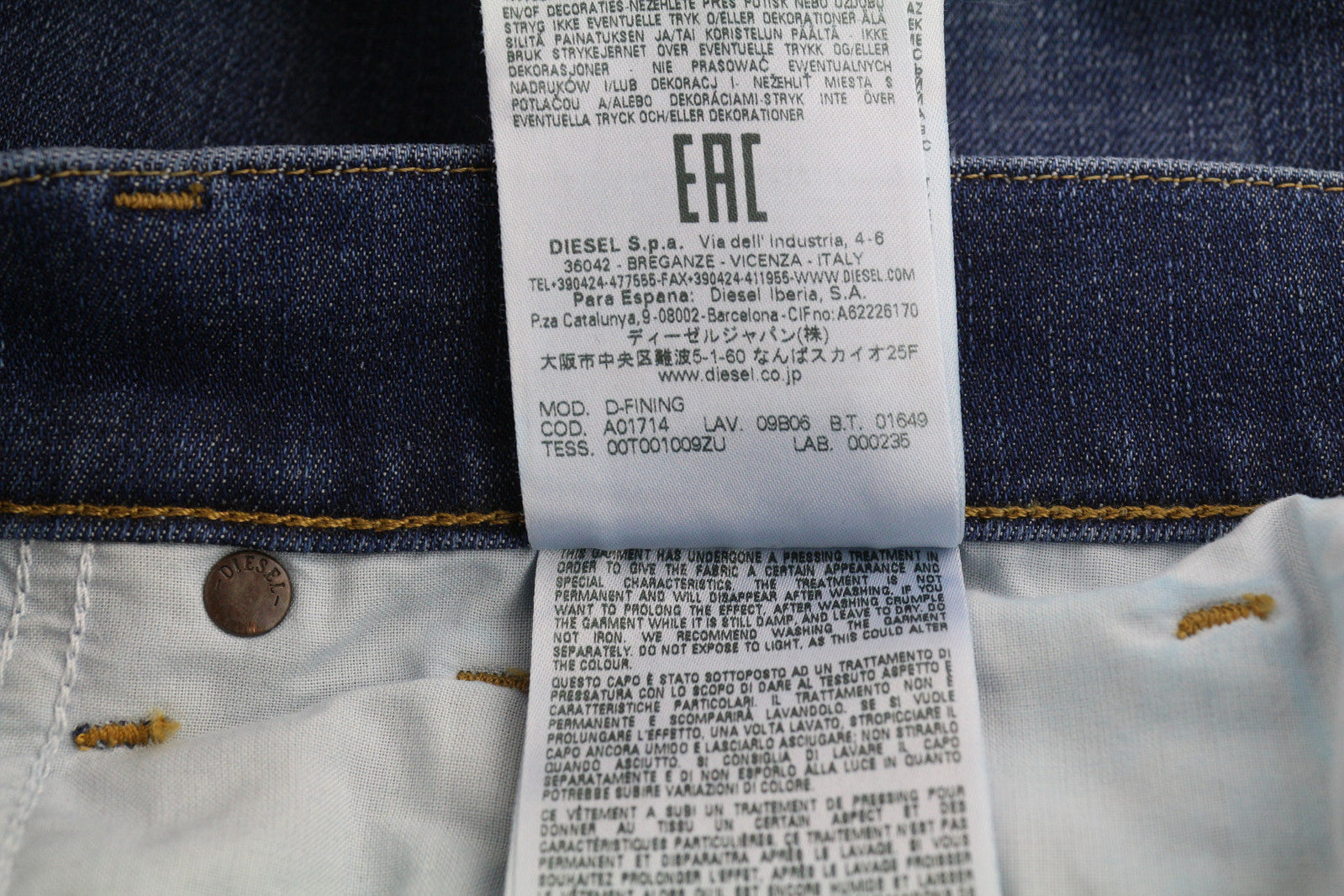 DIESEL D-Fining 09B06 vyriški džinsai W30/L30 siaurėjantys tamprūs, su sagomis, skalbti džinsai 