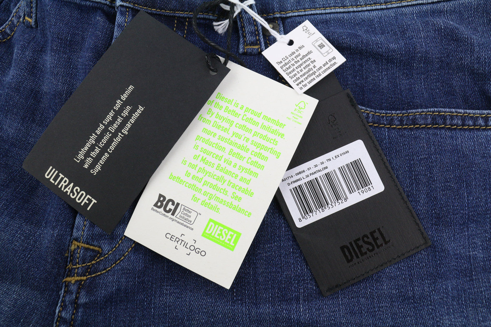 DIESEL D-Fining 09B06 vyriški džinsai W30/L30 siaurėjantys tamprūs, su sagomis, skalbti džinsai 