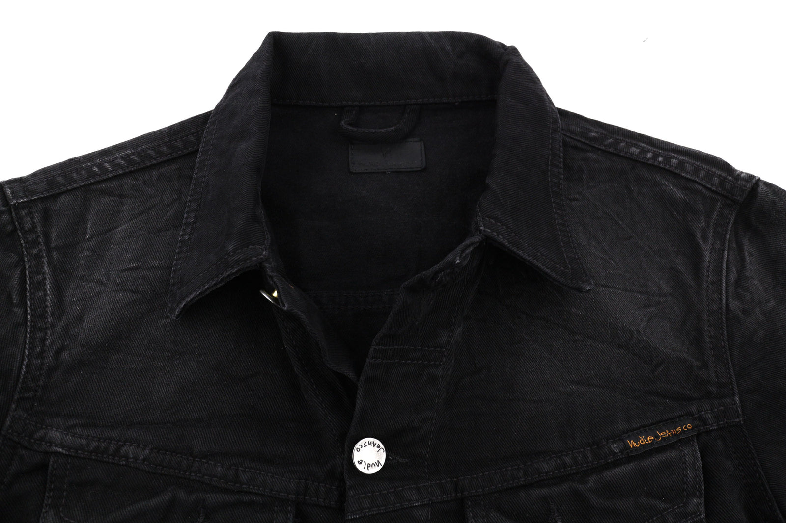 NUDIE JEANS Billy vyriška striukė S, tamsiai mėlyna, džinsinio audinio, su sagomis, išskleidžiamo kaklo kišenėmis. 