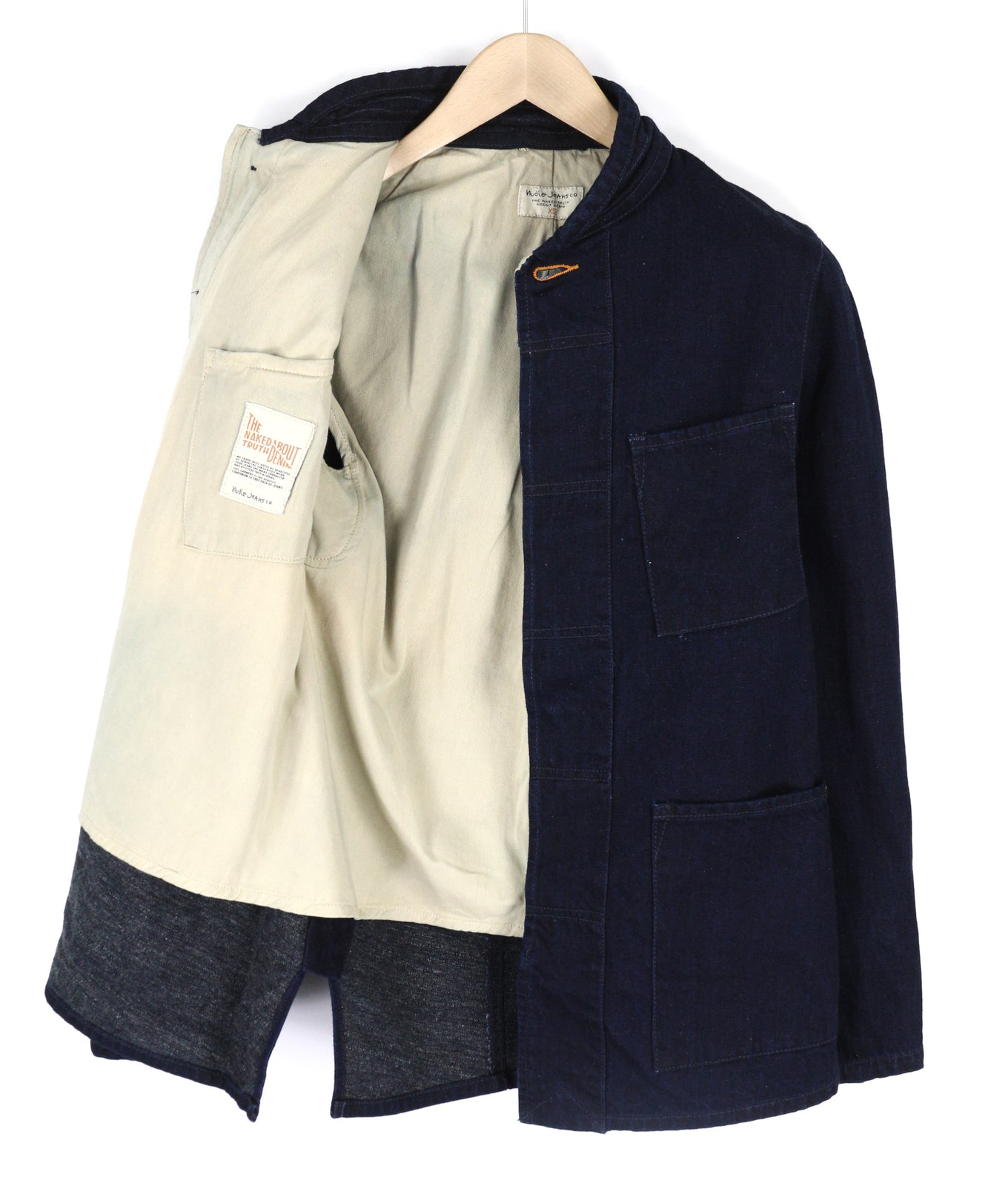 NUDIE JEANS Julius vyriška striukė XS, organinio pagrindo, mėlyna, su sagomis, kišenėmis, pamušalu ir logotipu 