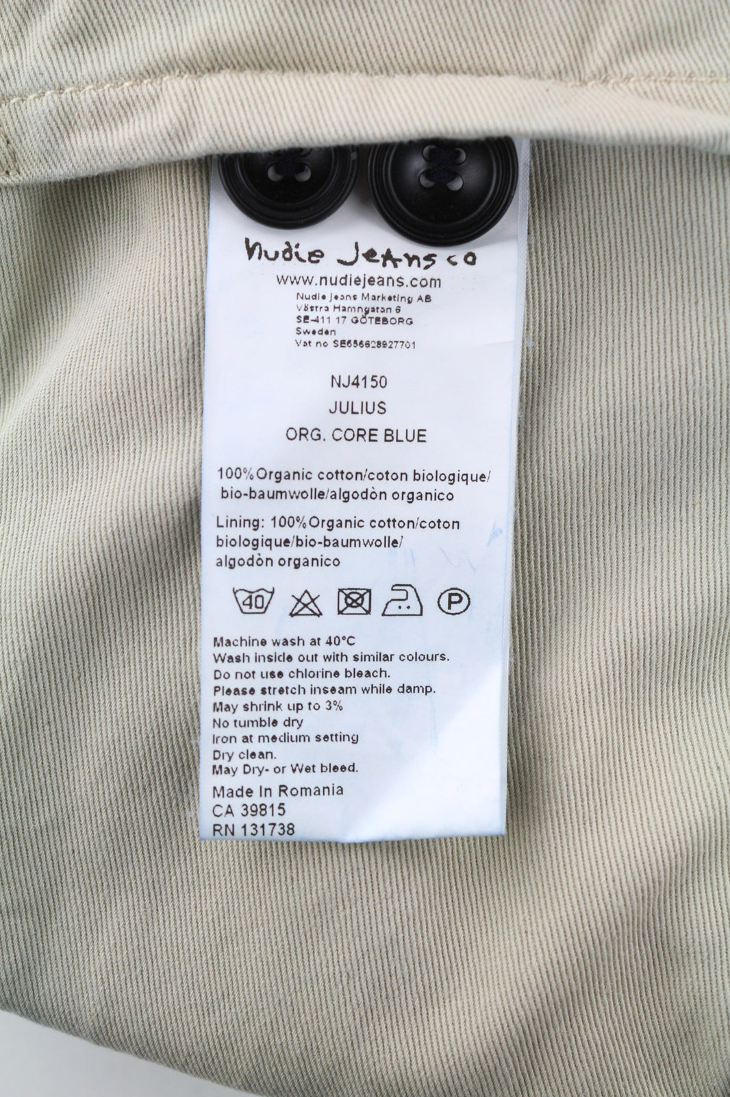 NUDIE JEANS Julius vyriška striukė XS, organinio pagrindo, mėlyna, su sagomis, kišenėmis, pamušalu ir logotipu 