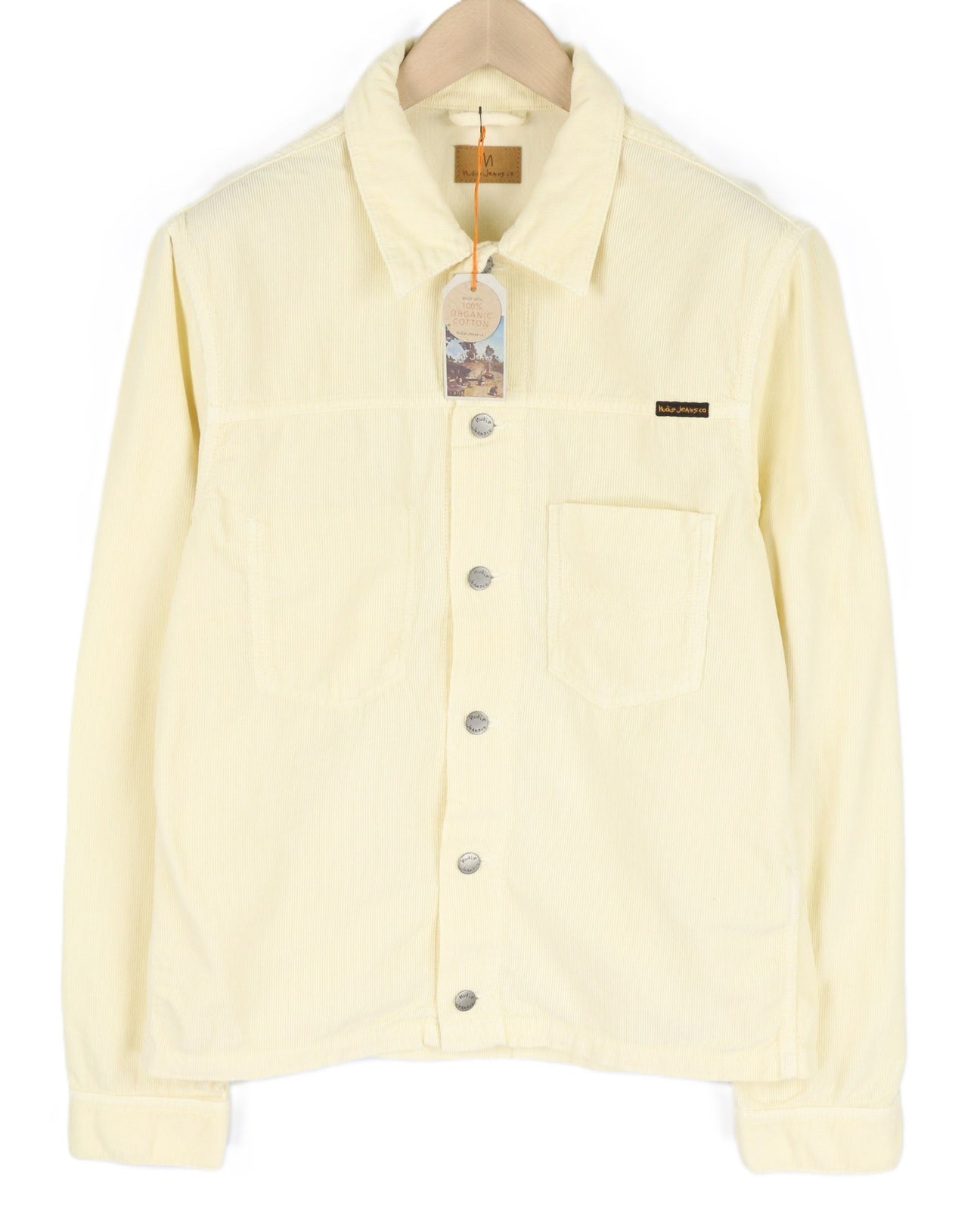 NUDIE JEANS Ronny vyriška striukė L dydžio, dulkėtai balta, ekologiškos medvilnės velveto, su logotipu ir sagomis. 