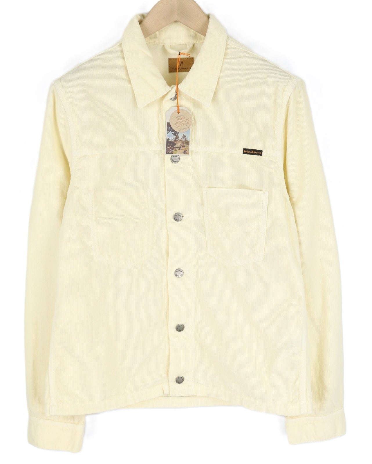 NUDIE JEANS Ronny vyriška striukė M, dulkėtos baltos spalvos, ekologiškos medvilnės velvetas su logotipu ir sagomis 