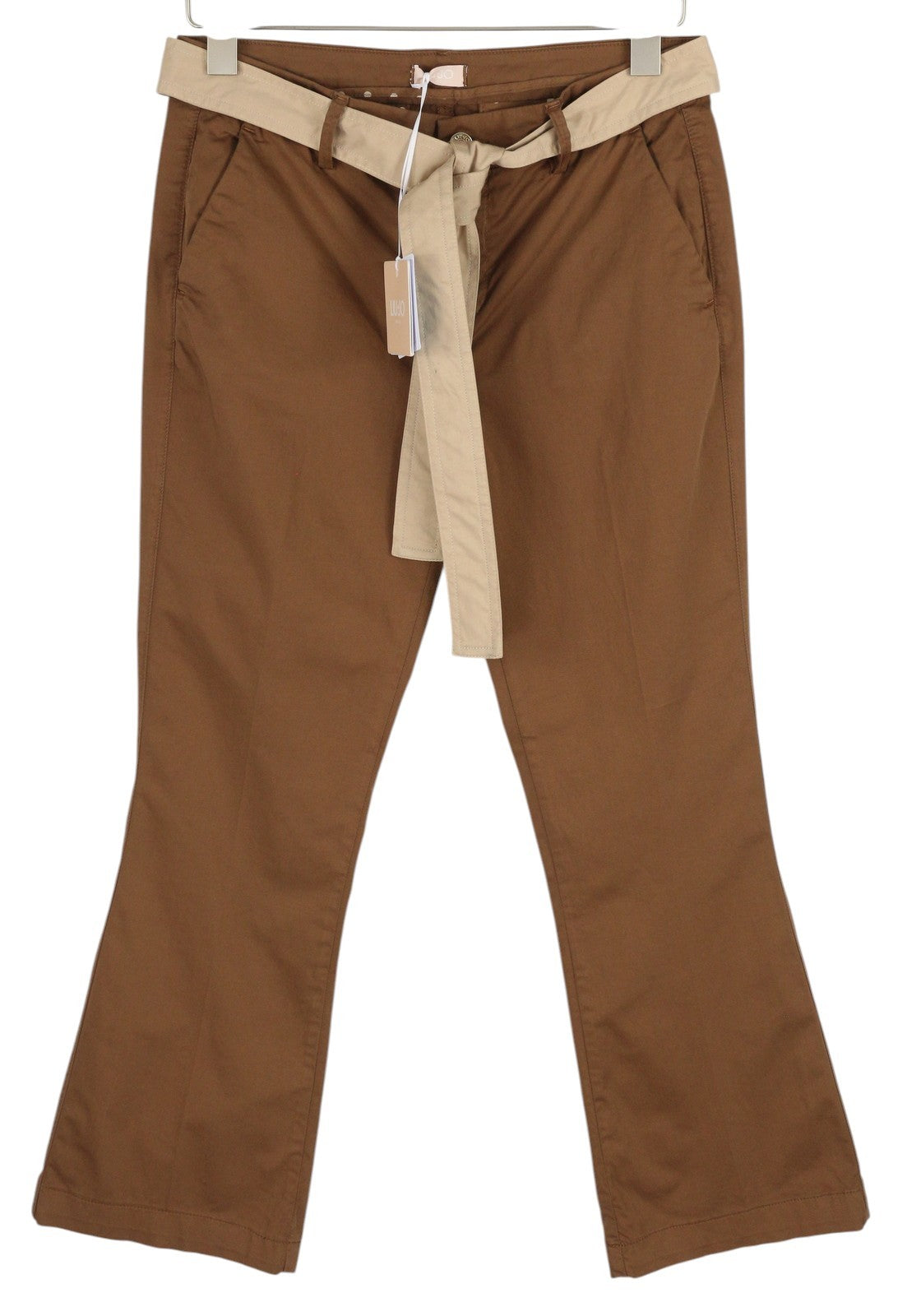 LIU JO Up Glam moteriškos kelnės W28 laisvo kirpimo, su diržu, rudos spalvos, su logotipu. 