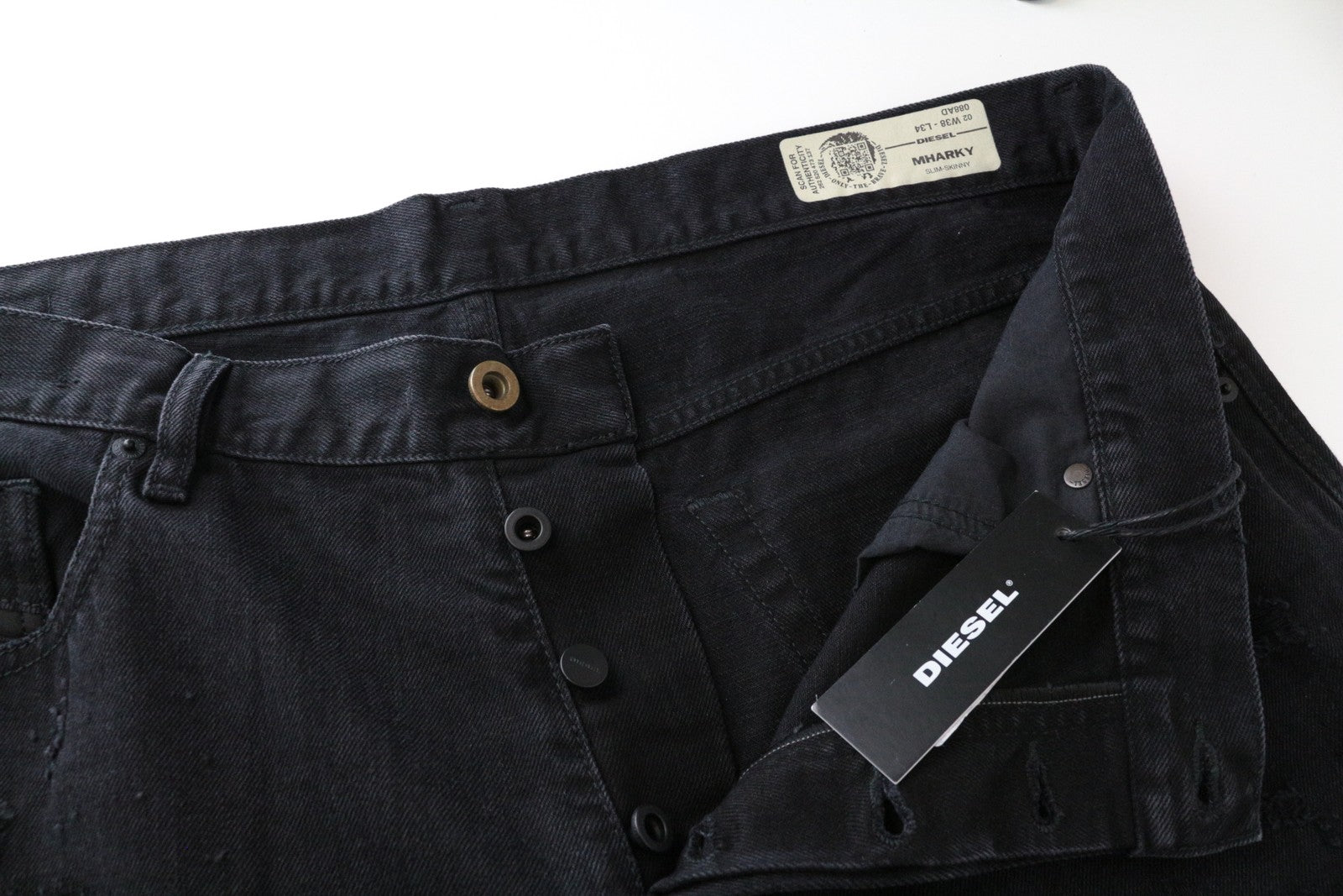 DIESEL Mharky 088AD vyriški džinsai W38 L34 Slim Skinny medvilniniai, juodi, su 5 kišenėmis 