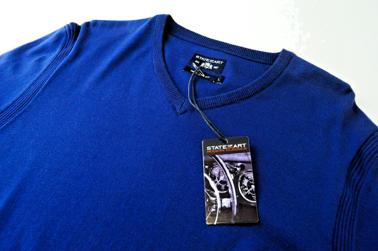 „STATE OF ART“ vyriškas džemperis L dydžio, mėlynas, V formos iškirptės, ilgomis rankovėmis, medvilninis megztinis 