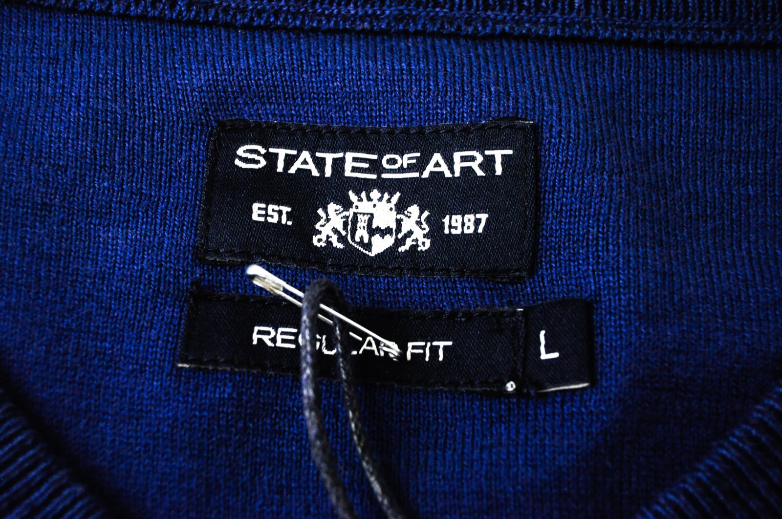 „STATE OF ART“ vyriškas džemperis L dydžio, mėlynas, V formos iškirptės, ilgomis rankovėmis, medvilninis megztinis 