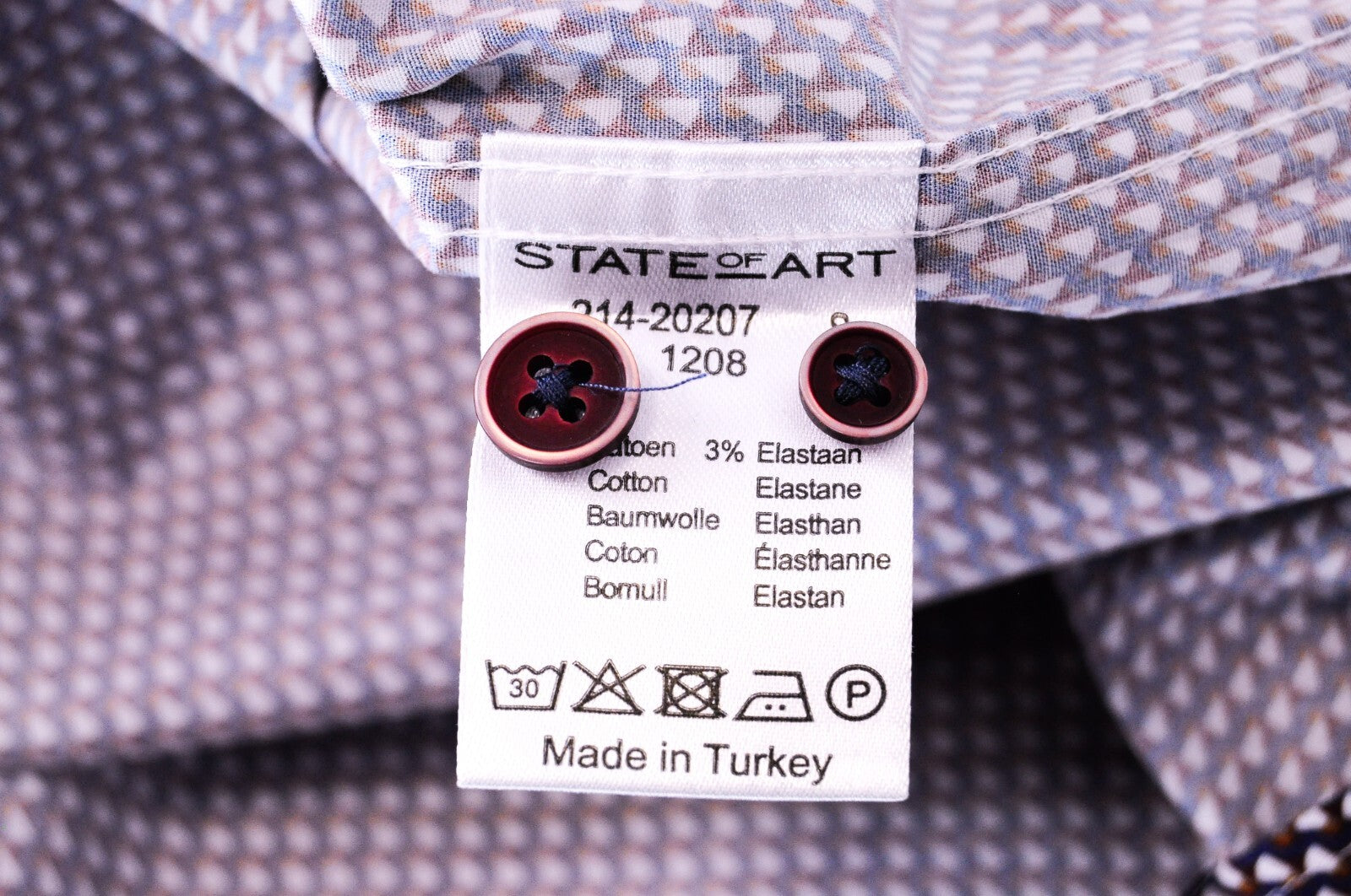 STATE OF ART Mens Shirt S Navy Stretchy Cotton Button-Up Long Sleeve Patterned