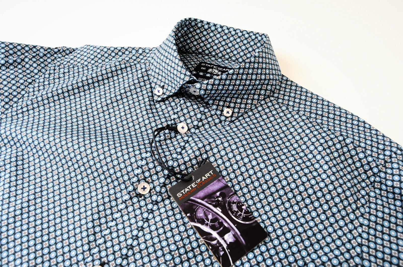 STATE OF ART Mens Shirt S Blue Stretchy Cotton Long Sleeve Collared Patterned