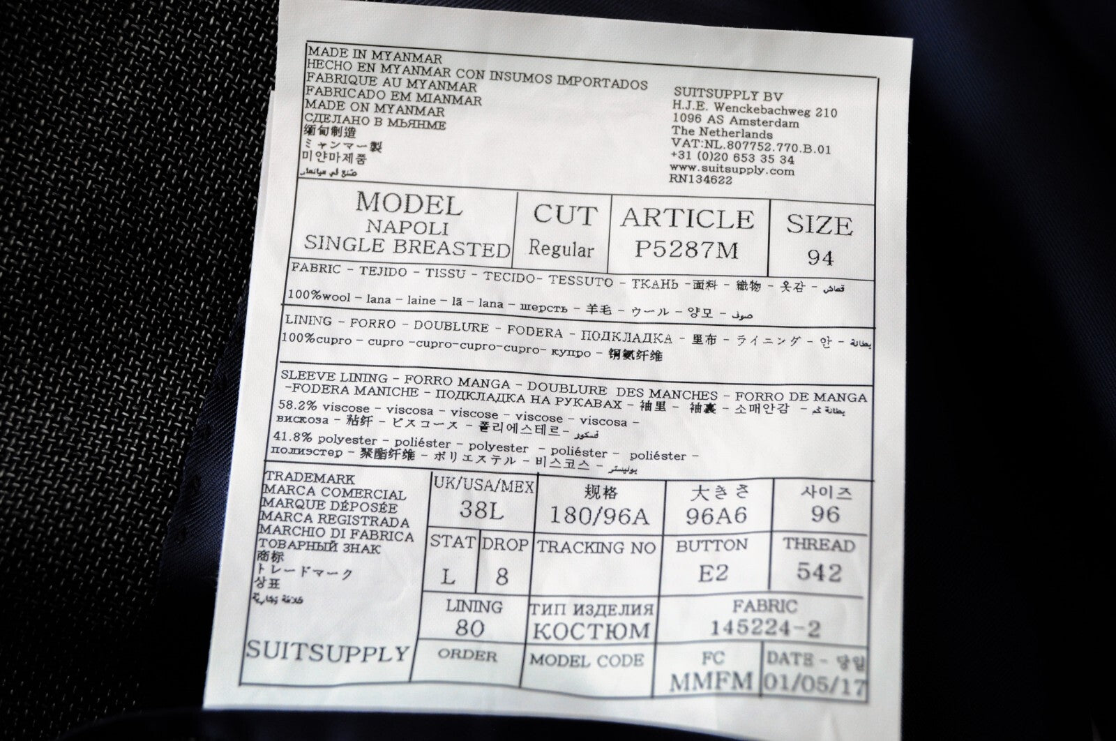 „SUITSUPPLY Napoli“ vyriška suknelė su vilnoniu pamušalu, UK38L 