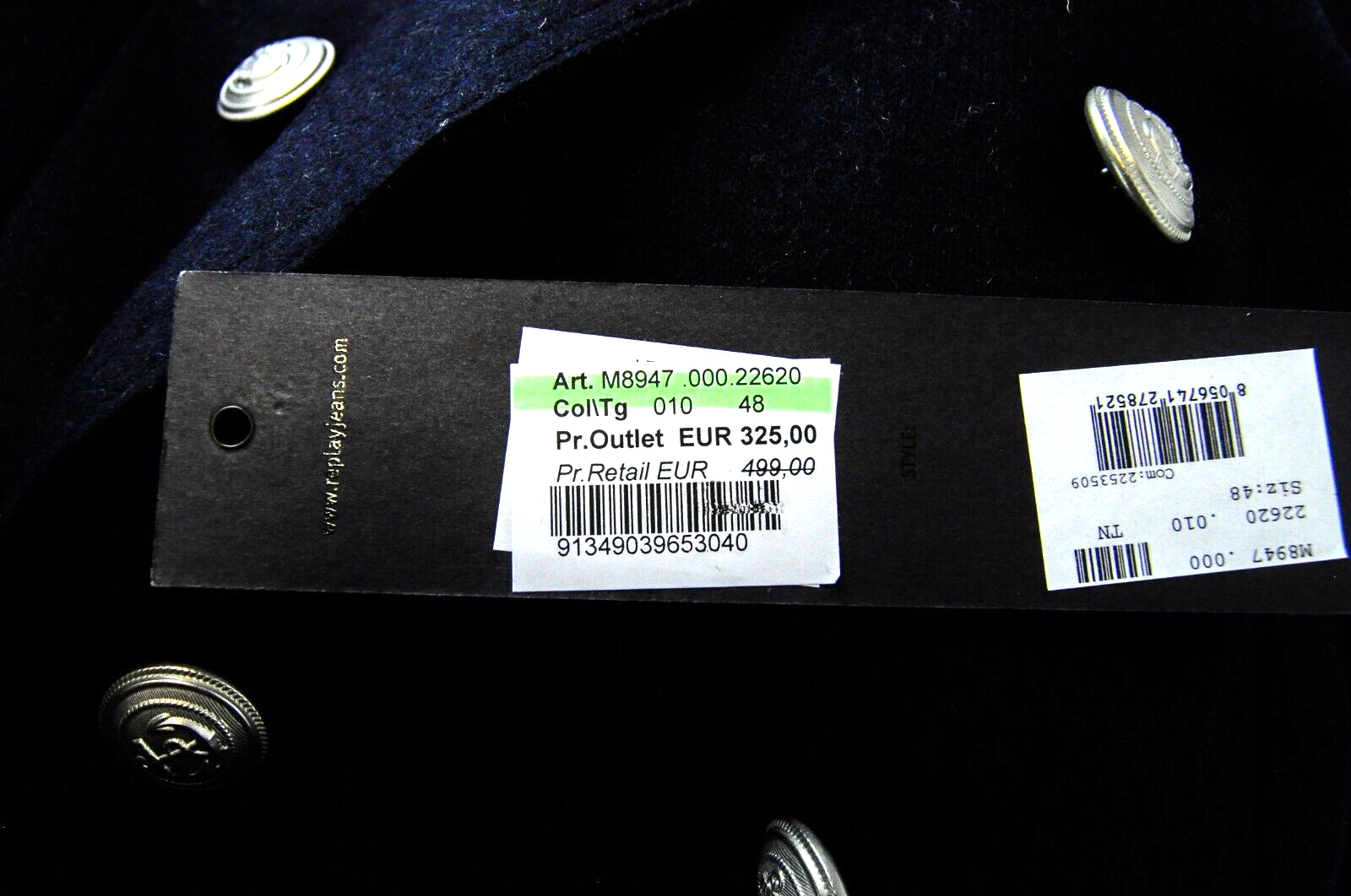 REPLAY Mens Coat 48 Navy Double-Breasted Wool Lined Long Sleeve Peak Collar