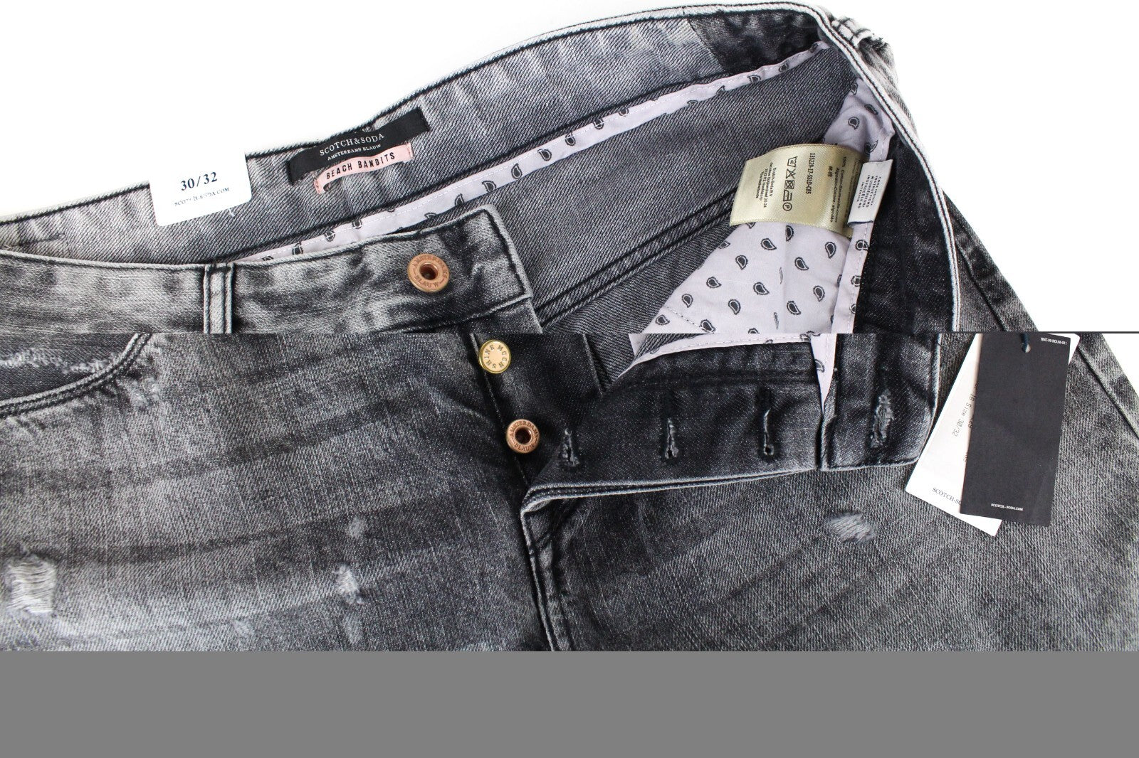 SCOTCH &amp; SODA L-Žavingi moteriški džinsai W30/L32 pilki plėšyti „Boyfriend“ džinsai, netempiami 